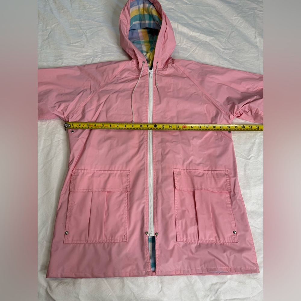 Vtg 90s Misty Harbor Pink PVC Rain Slicker Plaid Lined Hooded M Coastal Preppy - Picture 12 of 14